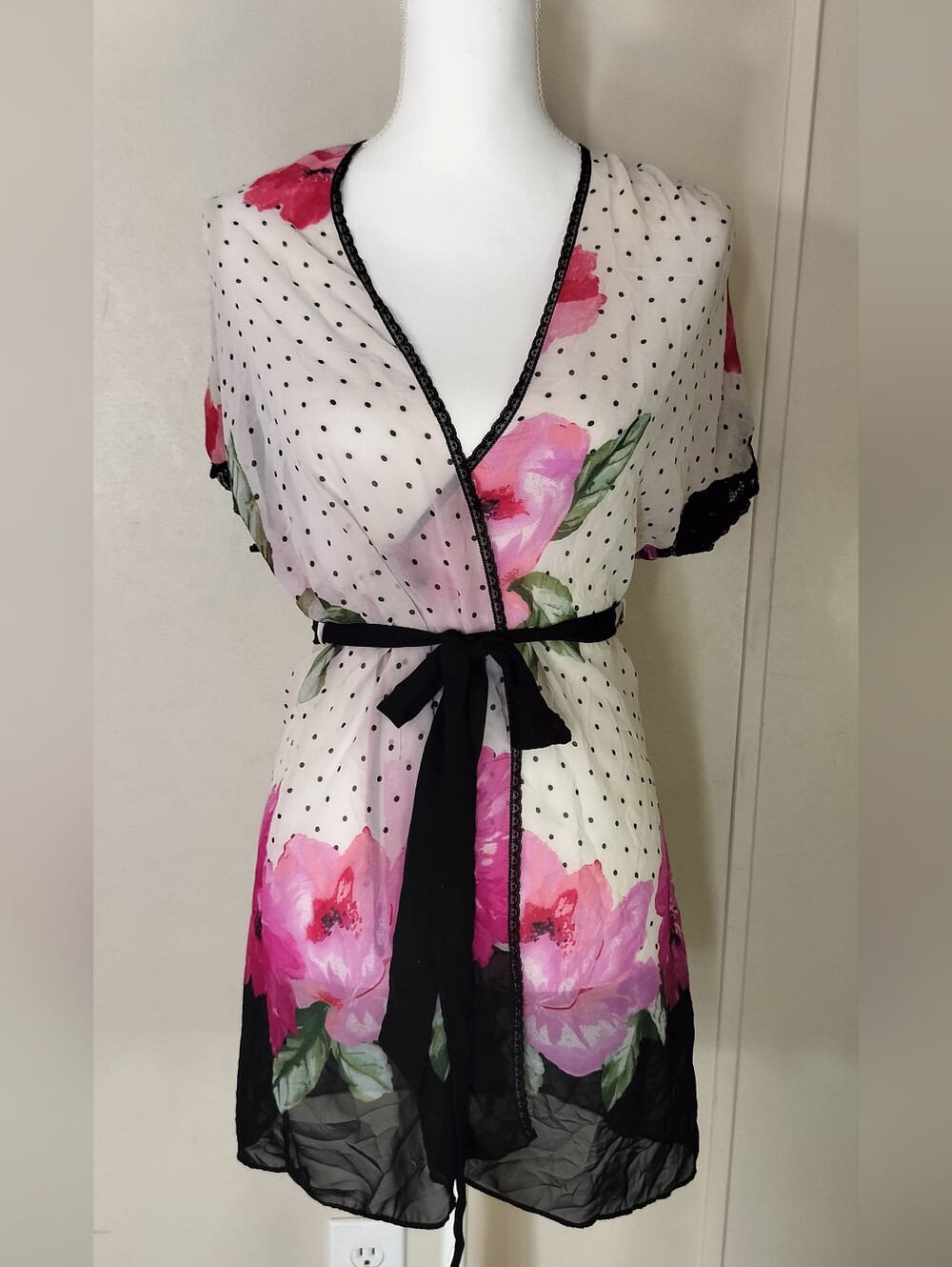 In Bloom Sheer Pink Floral & Black Polka Dot Robe with Black Trim